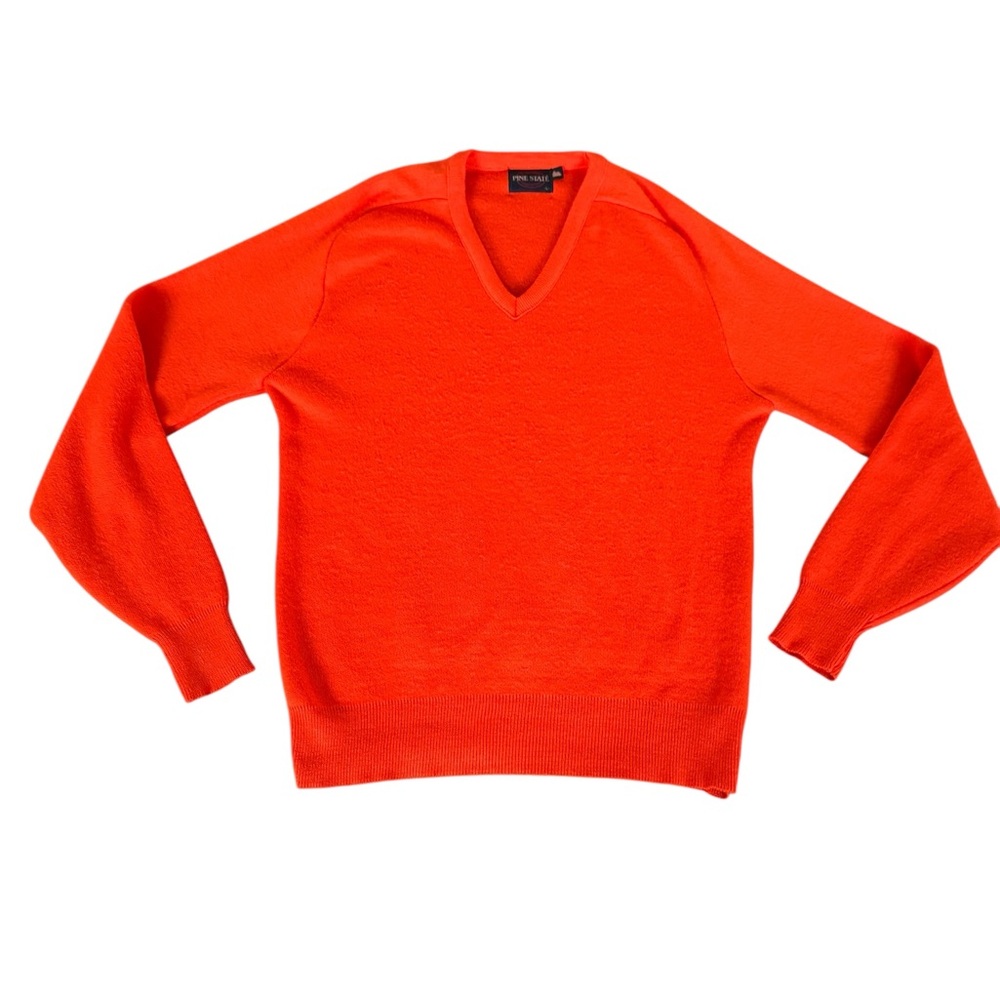 Vintage Pine State Sweater Men’s SZ Large Orange V-Neck Made in USA 70s Knit